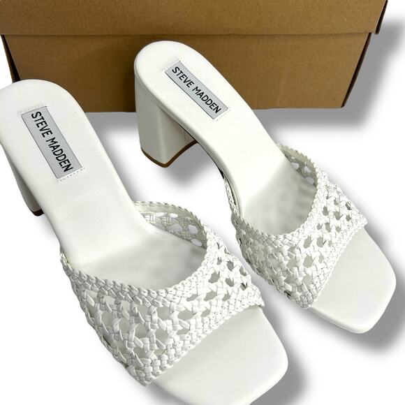 Steve Madden White Woven Heels Size 7 Slip On Mules Rafia Boho Beach Sandals - Picture 10 of 12